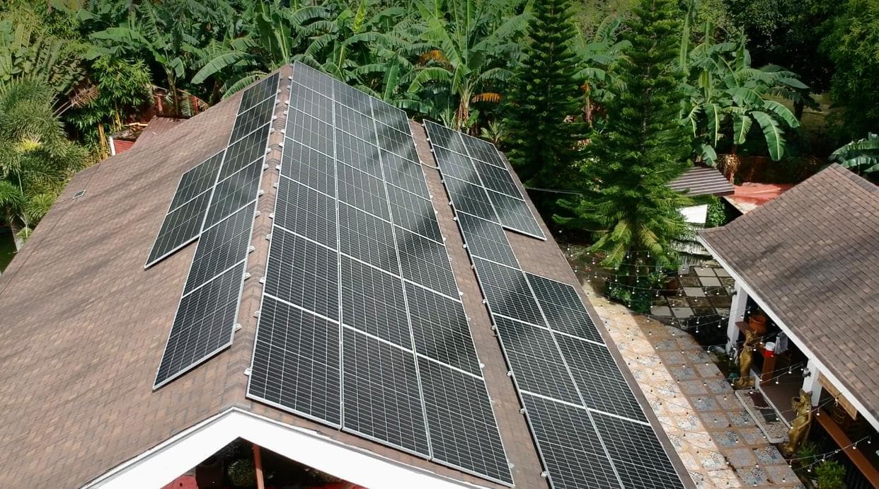 Aerial view of solar panels on a rooftop