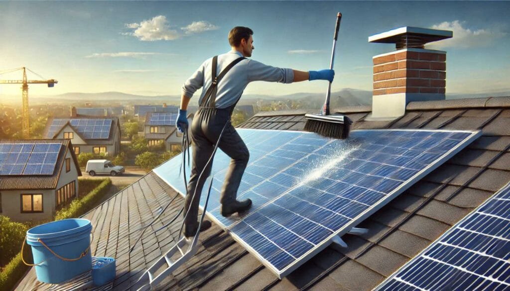 A person cleaning solar panels on a rooftop with a long-handled brush