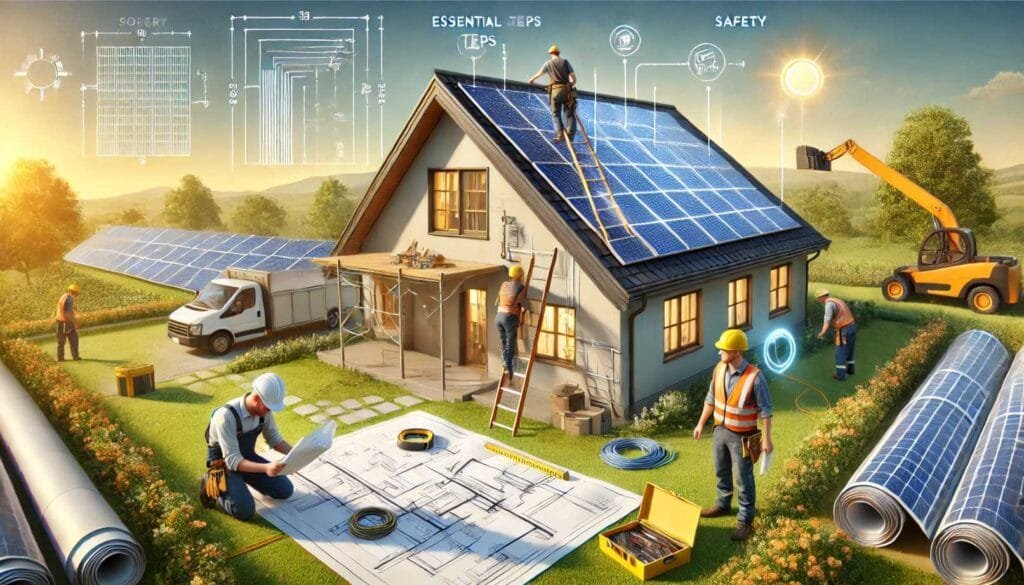 A person reviewing blueprints, solar panels ready for installation