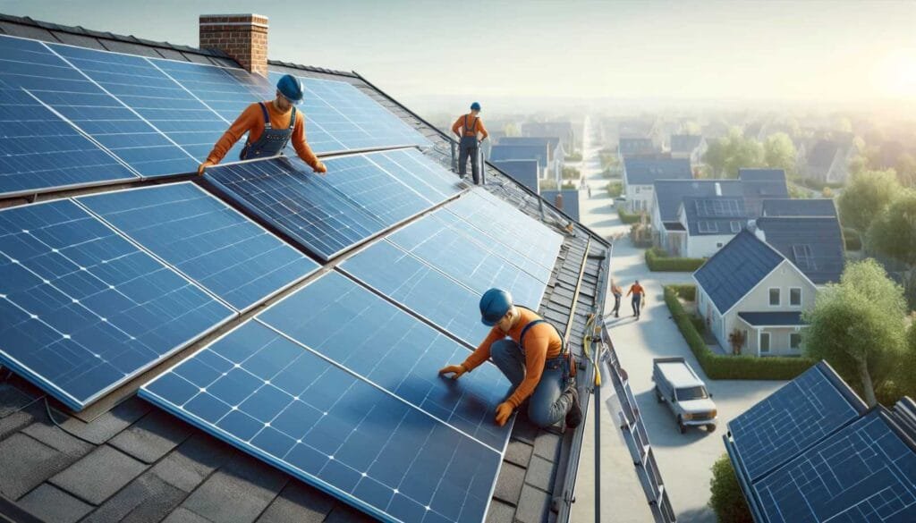 Technicians in safety gear installing large solar panels on a residential roof